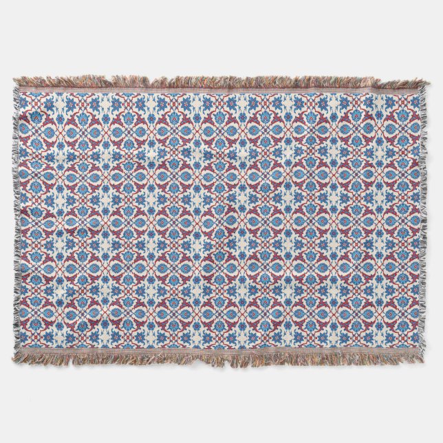 Iznik Flower Tile Pattern Throw Blanket (Front)