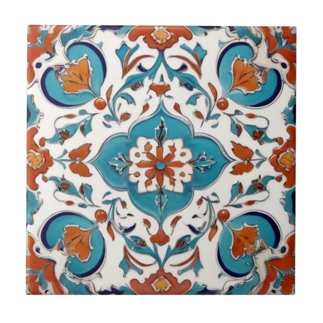Iznik Turkish Classic Floral Red Turquoise Blue Tile (Front)