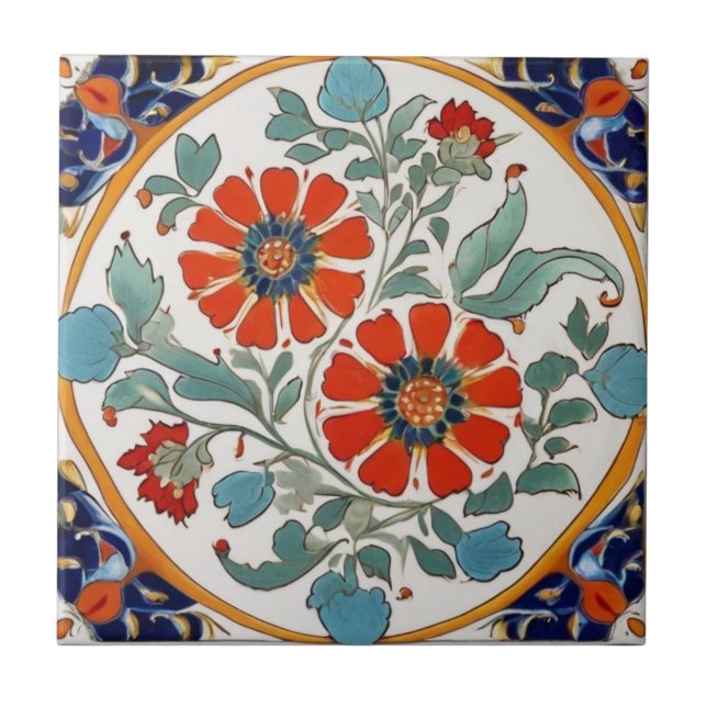 Iznik Turkish Flowers Red Orange Blue Green Cream Tile (Front)