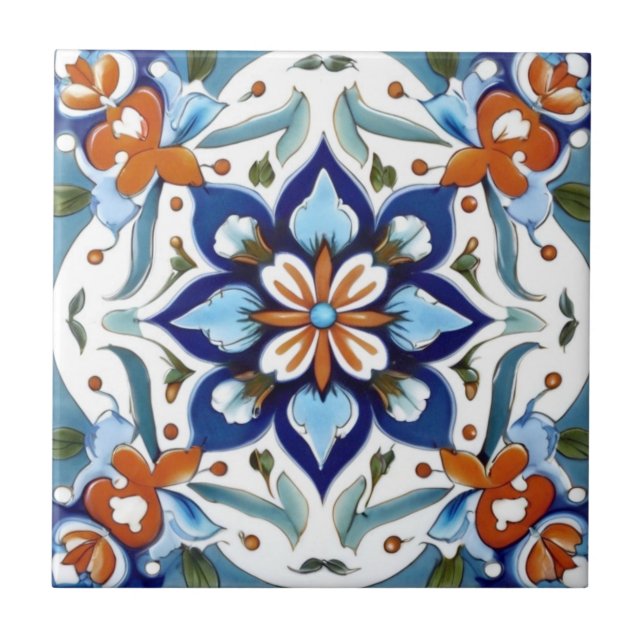 Iznik Turkish Traditional Orange Red Blue Flower Tile (Front)