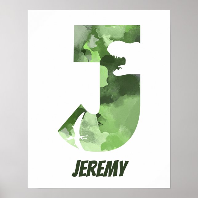"J" Aquarelle Dinosaure Vert Poster du nom de l'en (Devant)