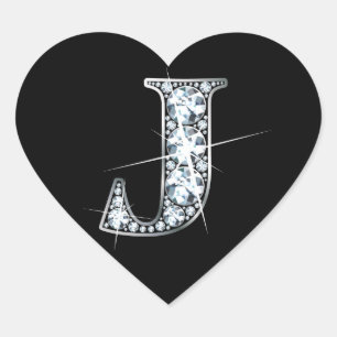 "J" Diamond Bling on Black Heart Sticker