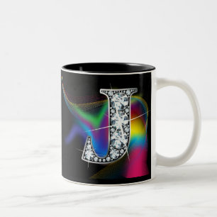 "J" Diamond Bling on Rainbow Swirl Mug