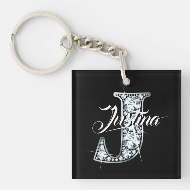 J Faux Diamond Bling Monogram Keychain (Front)