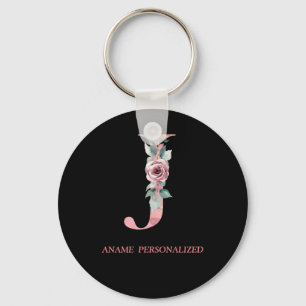 J Floral Monogram Name Letters Pink Agate Keychain