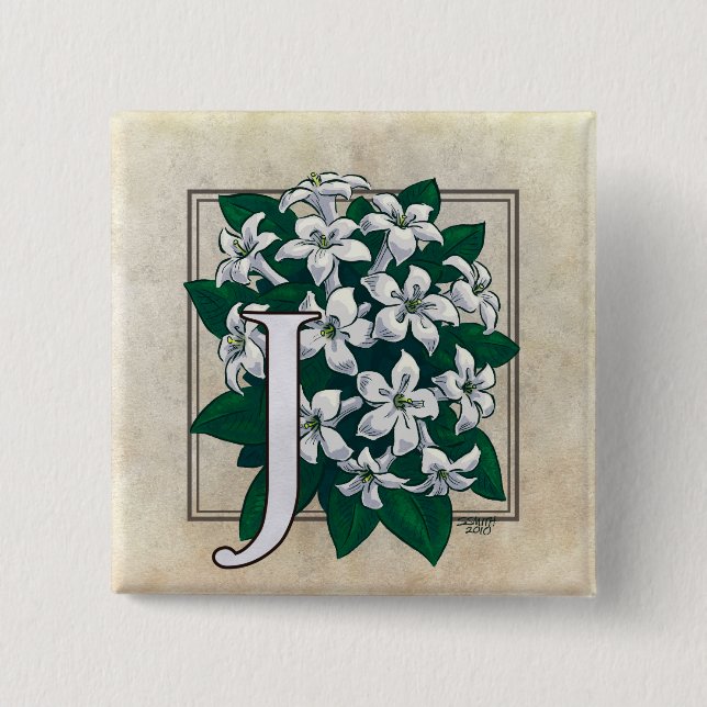 J for Jasmine Flower Monogram 2 Inch Square Button (Front)