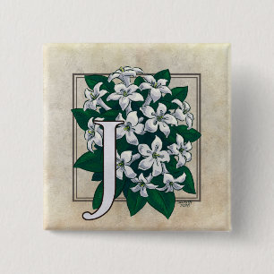 J for Jasmine Flower Monogram 2 Inch Square Button