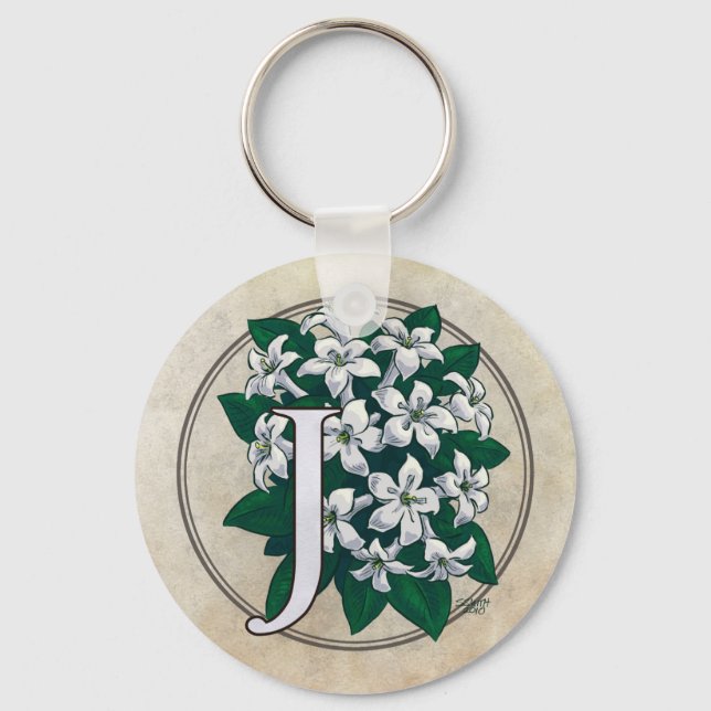 J for Jasmine Flower Monogram Keychain (Front)