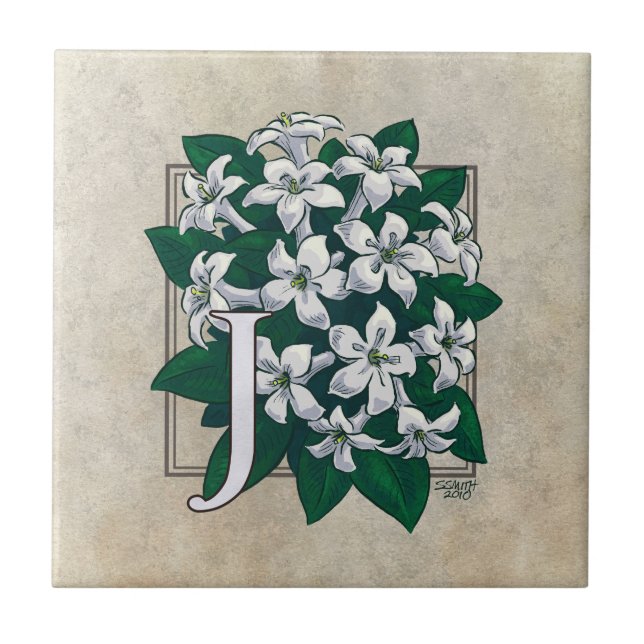 J for Jasmine Flower Monogram  Tile (Front)