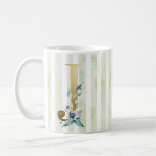 J, gold initial, on blue and white stripes coffee mug