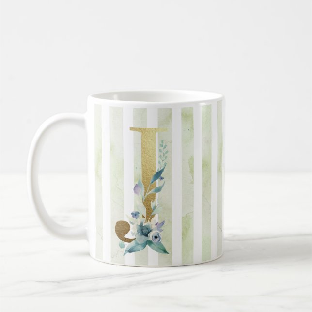 J, gold initial, on blue and white stripes coffee mug (Left)