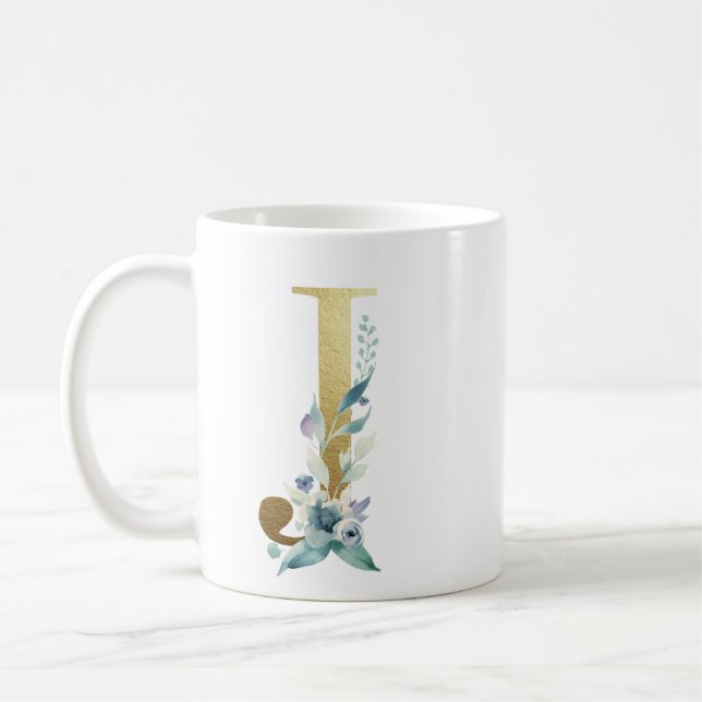 J  golden initial with blue floral foliage coffee mug (Left)