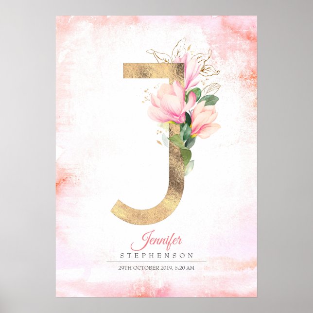 J Letter Monogram Gold Leaves Pink Magnolia Floral Poster (Front)