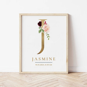 J Letter Monogram Name Marsala Floral Nursery Poster