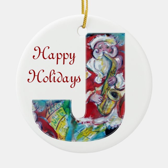 J LETTER /SANTA AND SAX, CHRISTMAS PARTY MONOGRAM CERAMIC ORNAMENT (Front)