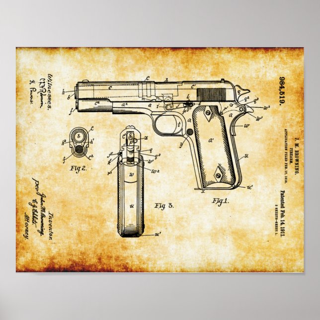 J.M Browning M1911 Pistol Patent Poster (Front)