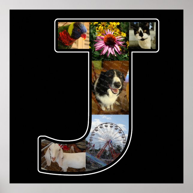 J Monogram Create Your Own 6 Photo Collage Black Poster (Front)