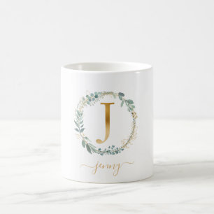 J  monogram, customer specific leafy wreath  coffee mug