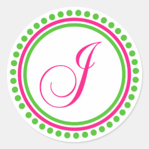 J Monogram (Hot Pink / Green Dot Circle) Classic Round Sticker