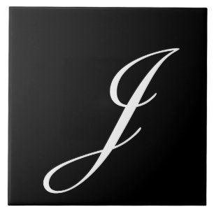 J Monogram Initial White on Black Tile