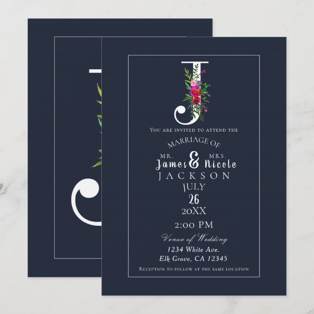 J Monogram Last Initial Modern Blue Floral Wedding Invitation (Front/Back)