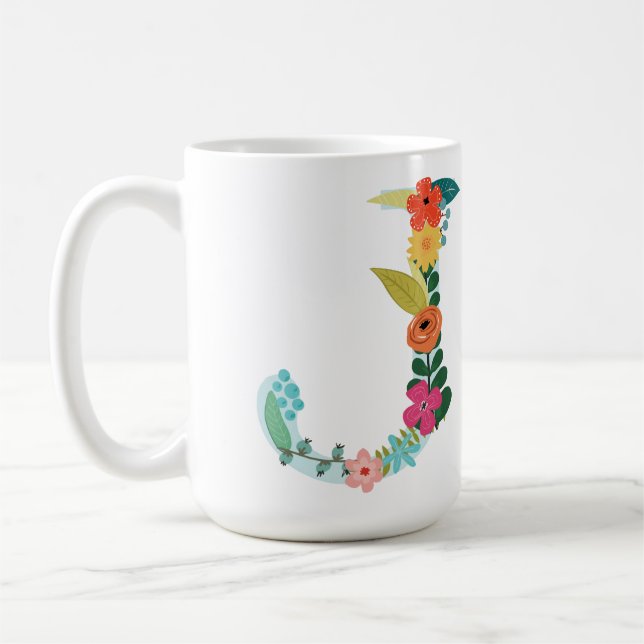 J Monogram Mug, Floral J Initial, Botanical Coffee Mug (Left)