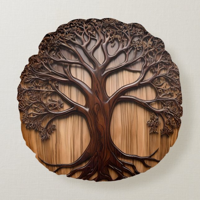 Jacaranda Tree: Nature's Artistry in Wood, Round Pillow (Front)