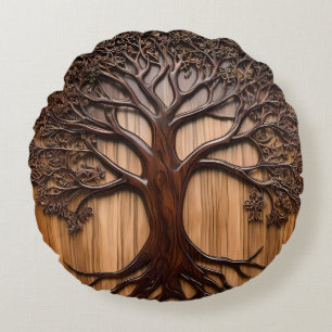 Jacaranda Tree Wood Carving, Round Pillow
