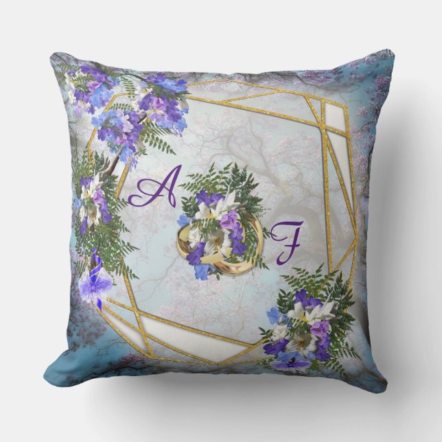 Jacaranda & white lily Bouquet Throw Pillow (Front)