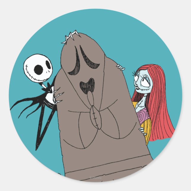 Jack and Sally Hiding Behind Tombstone Classic Round Sticker (Front)