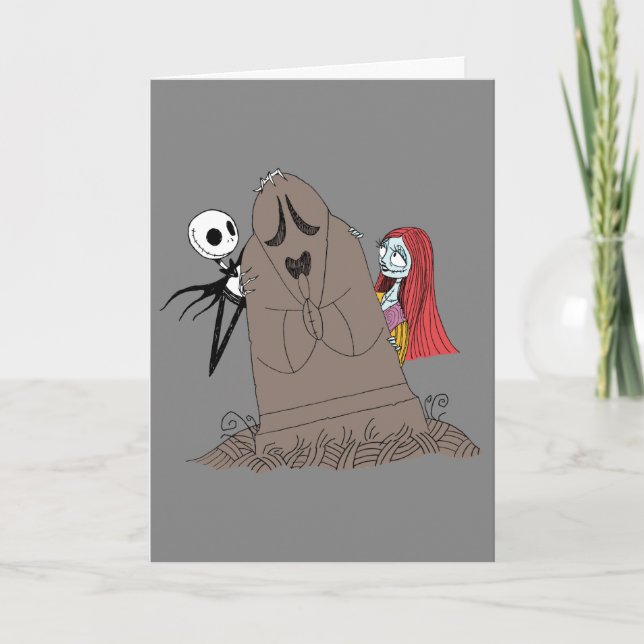 Jack and Sally Hiding Behind Tombstone Holiday Card (Front)