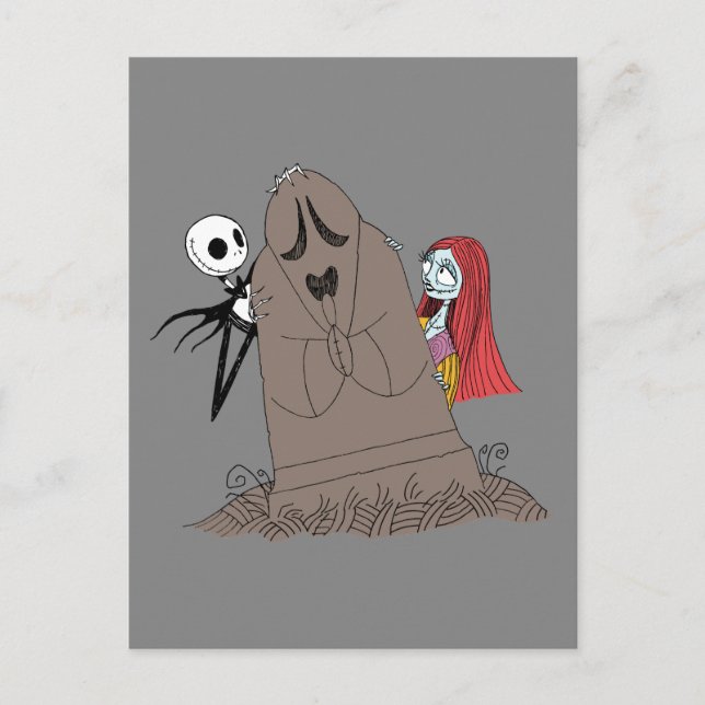 Jack and Sally Hiding Behind Tombstone Postcard (Front)