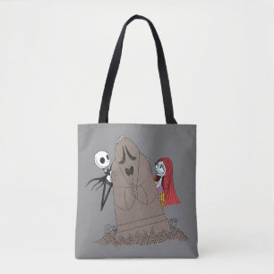 Jack and Sally Hiding Behind Tombstone Tote Bag