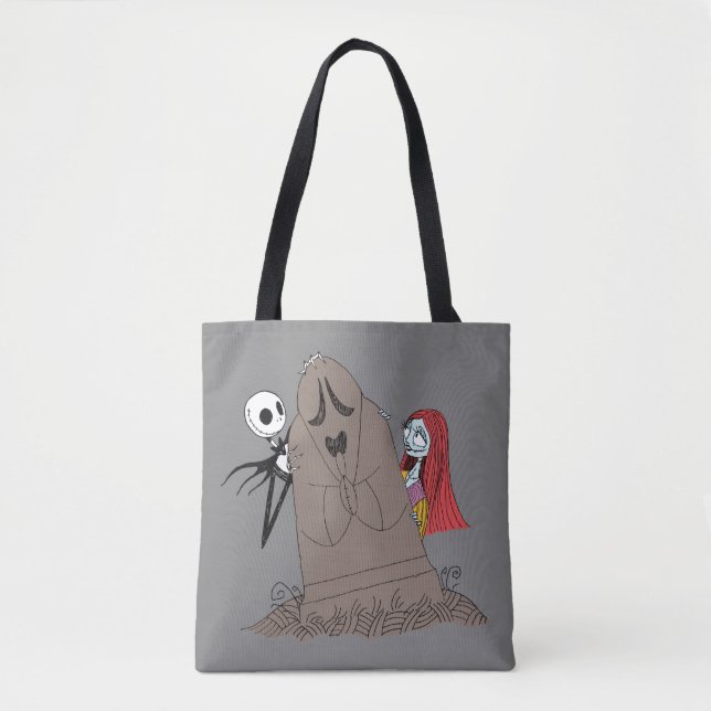 Jack and Sally Hiding Behind Tombstone Tote Bag (Front)