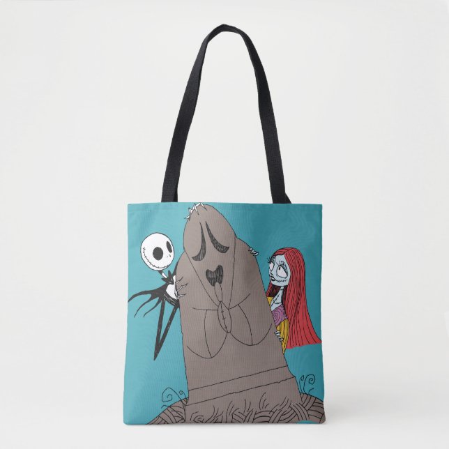 Jack and Sally Hiding Behind Tombstone Tote Bag (Front)