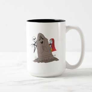 Jack and Sally Hiding Behind Tombstone Two-Tone Coffee Mug