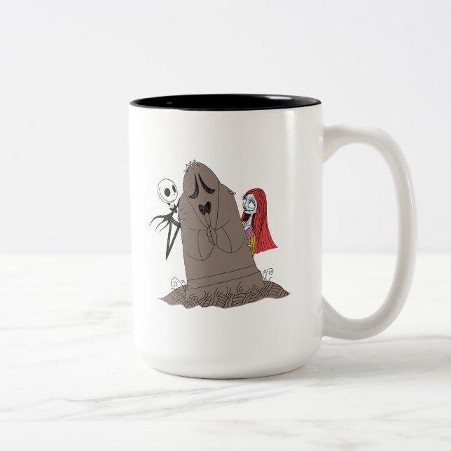Jack and Sally Hiding Behind Tombstone Two-Tone Coffee Mug (Right)