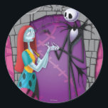 Jack and Sally Holding Hands Classic Round Sticker<br><div class="desc">Celebrate true love with this enchanting Disney Nightmare Before Christmas classic round sticker featuring Jack Skellington and Sally holding hands. Inspired by Tim Burton’s gothic masterpiece, this design beautifully captures the iconic couple’s deep connection against a dark, whimsical backdrop. Perfect for wedding favours, scrapbooking, party decorations, or personalizing everyday items,...</div>