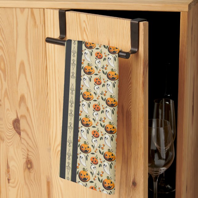 Jack-o-Ghost Yellow Stripes Kitchen Towel (Thirds Fold)