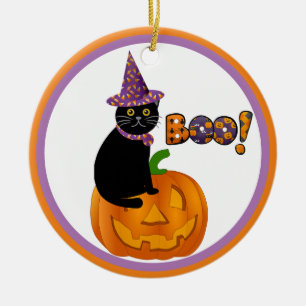 Jack O Lantern and Black Cat Keepsake Halloween Ceramic Ornament