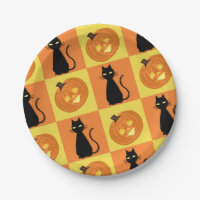 Jack-o’-lantern and cat paper plates.