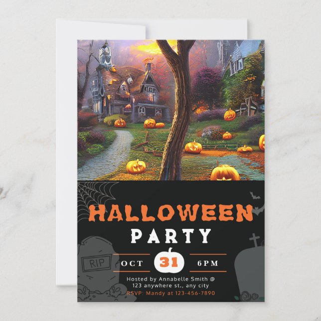 Jack-O' Lantern and Haunted House Black Halloween Invitation (Front)