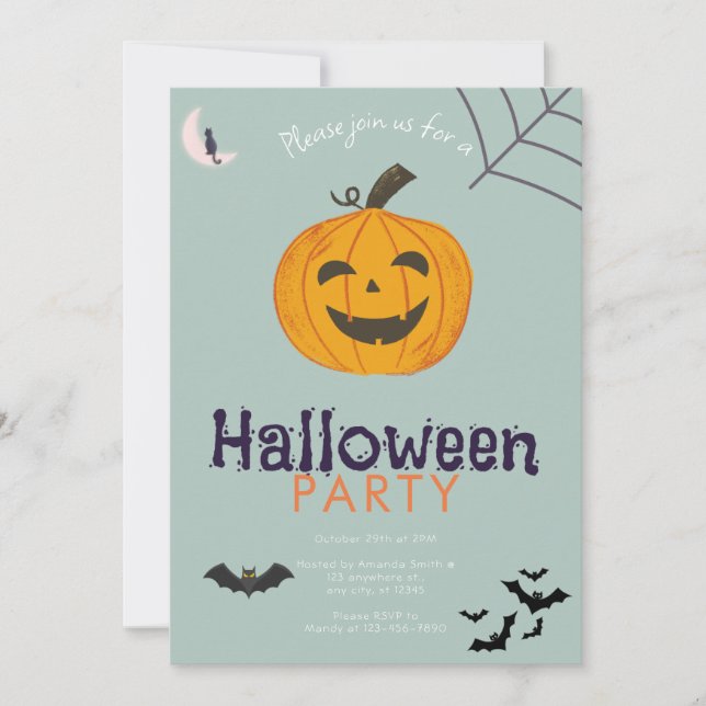Jack-O' Lantern Bats Moon Halloween Party Invitation (Front)