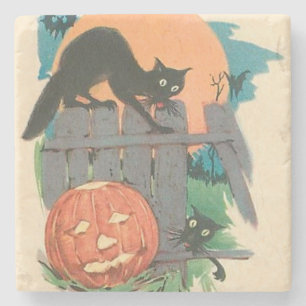 Jack O' Lantern Black Cat Bat Full Moon Stone Coaster