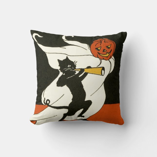 Jack O' Lantern Black Cat Ghost Horn Throw Pillow (Front)