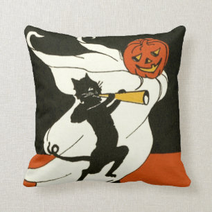 Jack O' Lantern Black Cat Ghost Horn Throw Pillow