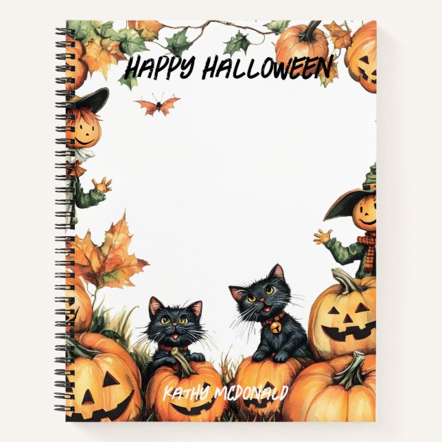Jack o Lantern, Black Cats and Scarecrow  Notebook (Front)