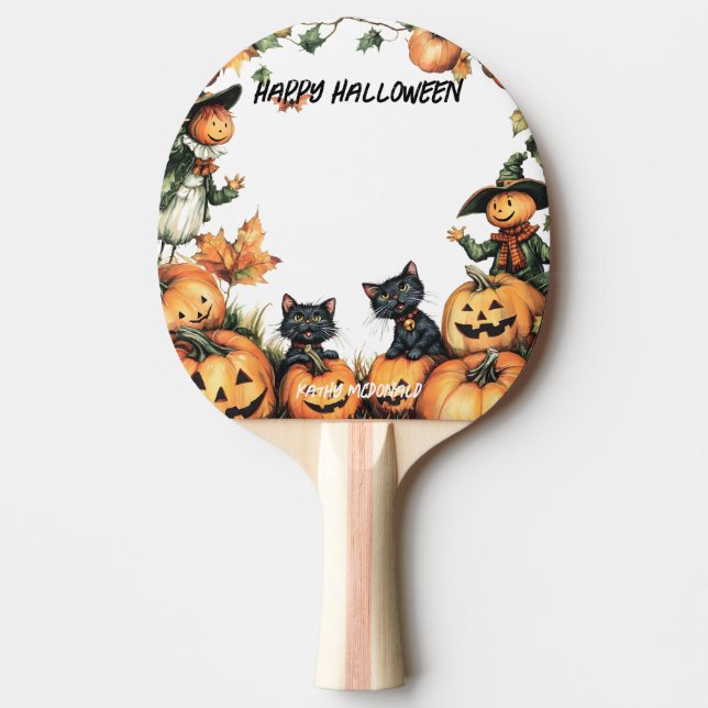 Jack o Lantern, Black Cats and Scarecrow  Ping Pong Paddle (Front)