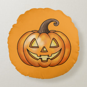 Jack O Lantern Cartoon Pumpkin Orange Halloween Round Pillow
