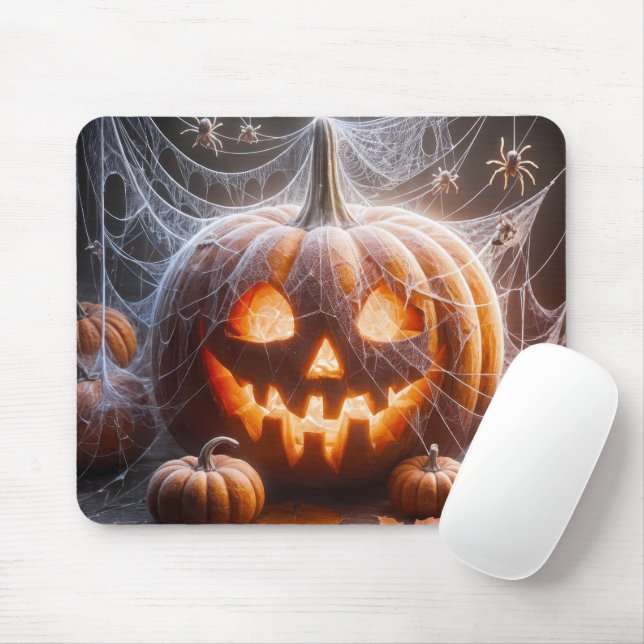 Jack-o-lantern Covered In Spider Webs Mouse Pad (With Mouse)